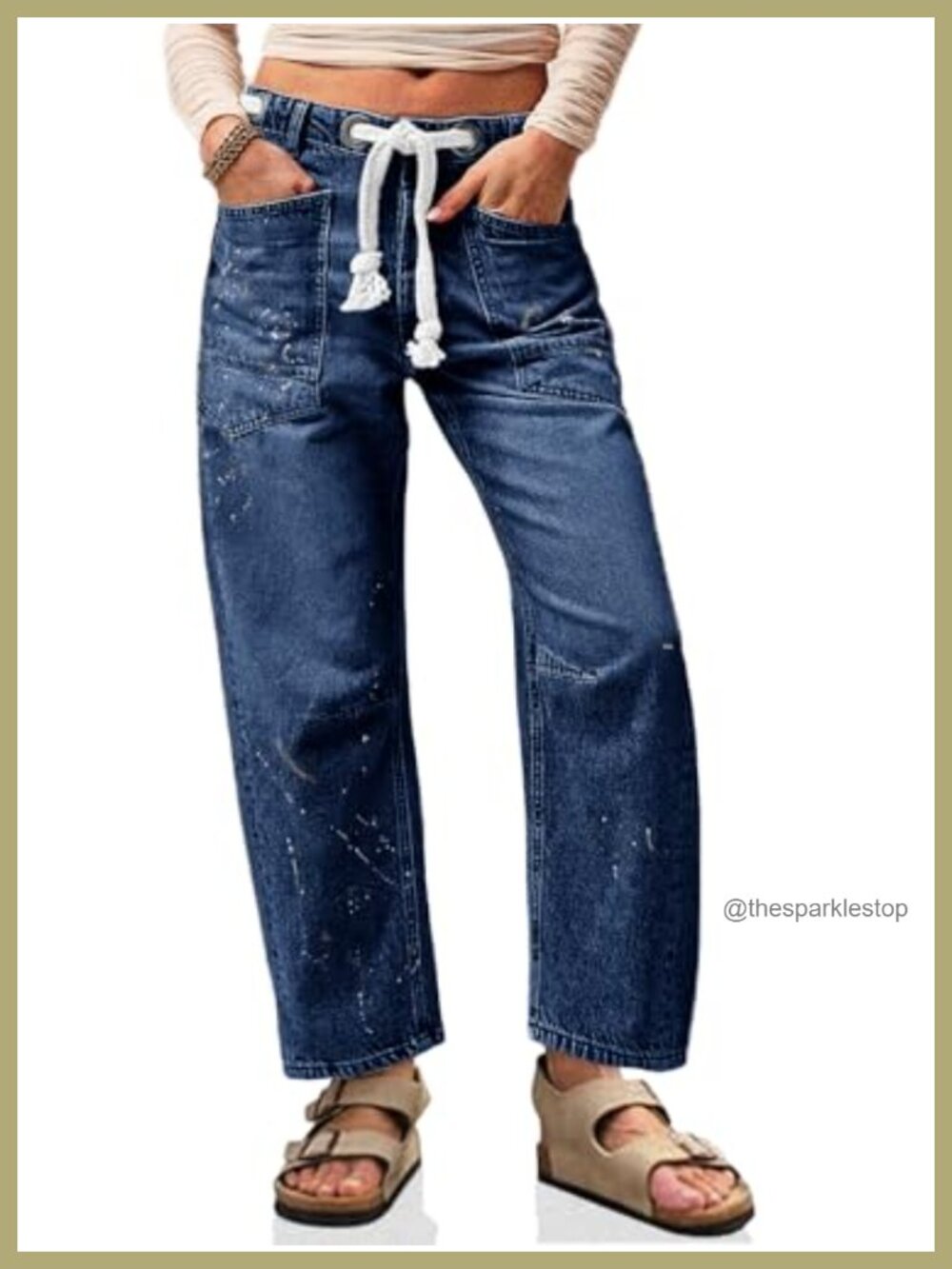 Barrel Leg Horseshoe Wide Leg High Rise Baggy Denim Jeans Drawstring Waist